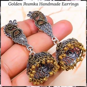 Golden Jhumka Handmade Earrings Bollywood Couture Jewelry